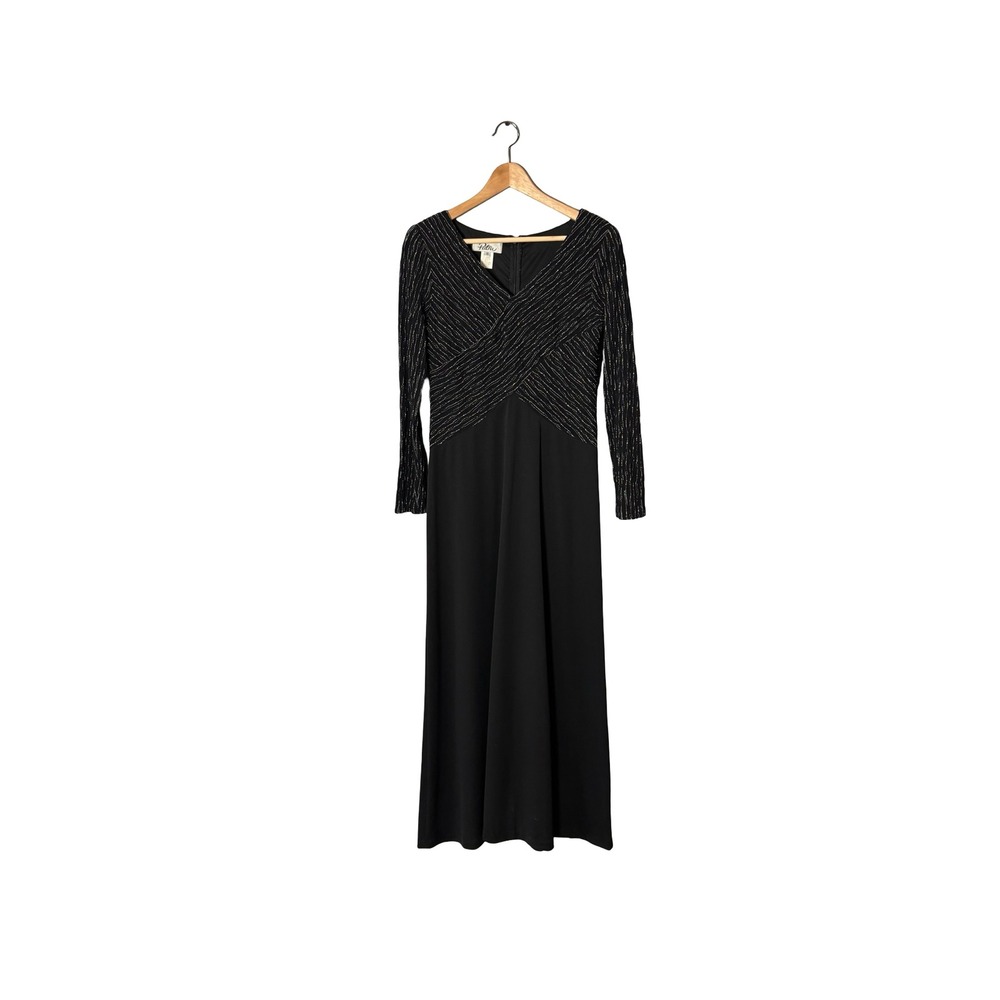 Patra Women Size 10 Black Metallic Crinkle Knit Long Sleeve Maxi Evening Gown